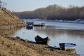 Boats and pontoons on the river Borcea Royalty Free Stock Photo