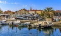 Boats in the port and marina by the Old town in Budva Montenegro on the Adriatic Sea Royalty Free Stock Photo
