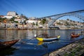 Boats with porto wine in Porto, Portugal. Douro River Royalty Free Stock Photo