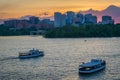 Boats in the Potomac River and the Rosslyn skyline at sunset, in Washington, DC Royalty Free Stock Photo