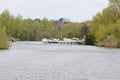 Boats at Pub on River Yare, Norfolk Broads, Surlingham, Norfolk, England, UK Royalty Free Stock Photo