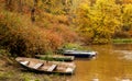 Autumn landscape. Boats on the river bank. Royalty Free Stock Photo