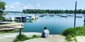 Boats on the river Danube and man