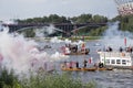 Boats on the river Vistula in Warsaw during the celebration of 75th anniversary of Warsaw Uprising Royalty Free Stock Photo