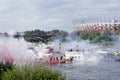 Boats on the river Vistula in Warsaw during the celebration of 75th anniversary of Warsaw Uprising Royalty Free Stock Photo