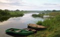 Boats beside riverside matutinal landscape