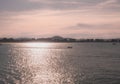 Boats sailing in the Cantabrian Sea at sunset Royalty Free Stock Photo