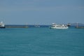 Boats Sailing At The Entrance Of The Corinth Canal Where They Bind But Do Not Mix The Blue Color Indigo Of Aegean Sea And The Gree