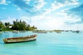 Boats on the sea in Cap Malheureux, Mauritius island. Royalty Free Stock Photo