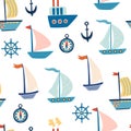 Boats seamless pattern. Cartoon sailboats, anchor, and steering wheel. Marine life. Royalty Free Stock Photo