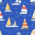 Boats seamless pattern. Summer marine print with sailboats and yacht on sea. Sailing regatta ships travel in blue ocean Royalty Free Stock Photo