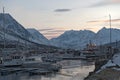 Boats in the sheltered harbor at Nord-Lenangen, Lyngen, Troms county, Norway