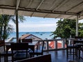 Boats ships waiting laying sea infront beach harbour port view balcony terrace seats sitting islands thailand asia samui