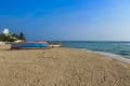 The boats on the shore and golden sands at Unawatuna Beach near Galle, Sri Lanka Royalty Free Stock Photo