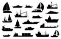 Boats silhouette. Sailboat, barge, fishing and cruise ship, sea yacht, passenger and cargo vessel icons. Nautical Royalty Free Stock Photo