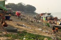 Boats in a slum near the river in Mandalay, Myanmar Royalty Free Stock Photo