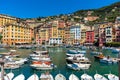 Boats in small harbor of Camogli, Italy.