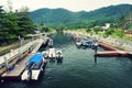 Boats in Small scenic river of Tioman island, Mala Royalty Free Stock Photo