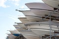 Boats on storage rack in a marina