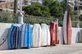 Boats stored by path side Bugibba harbour, Malta