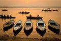 Boats in the sunrise - Varanasi, India Royalty Free Stock Photo