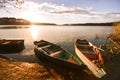 Boats at sunset in the Lagunas de Montebello National Park Chia Royalty Free Stock Photo