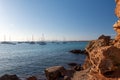 Boats in thebeach of Cala Saona in Formentera in Spain in the summer 2021 Royalty Free Stock Photo