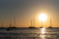 Boats in thebeach of Cala Saona in Formentera in Spain in the summer 2021 Royalty Free Stock Photo