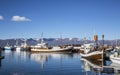 Boats to watch free whales in the sea in Husavik Royalty Free Stock Photo