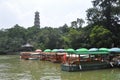 Boats and Tower in Huizhou West Lake Royalty Free Stock Photo