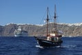 Boats traffic under Fira city, Santorini, Greece