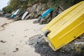 Boats turned up side down and pulled on shore for low tide Royalty Free Stock Photo