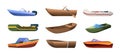 Boats types. Wooden ships for ocean or marine sail garish vector transport for river flat illustrations set isolated