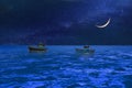 Boats under the crescent moon midst the blue ocean