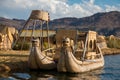 Boats in the Uros Floating Islands in Lake Titicaca, Peru Royalty Free Stock Photo