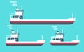 Boats vector illustration set, flat cartoon small, big transport ships, empty freight vessel and small ferry or fishing