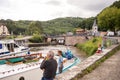 Boats wait to enter canal locks