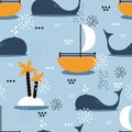 Boats, whales, colorful seamless pattern. Decorative cute background