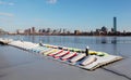 Boats at the wharf on frozen Charles River overlooking Boston downtown in the background Royalty Free Stock Photo