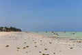 Boats on wide coastline on Zanzibar island. Sailboats on the beach. Tropical resort. Aerial seascape, Africa. Royalty Free Stock Photo