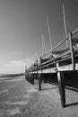 Boats in winter storage on Southend Beach, Essex, England