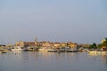 Boats and yachts in Budva bay in Montenegro, at the background of old town Royalty Free Stock Photo