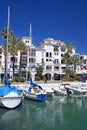 Boats and yachts moored in Duquesa port in Spain on the Costa de