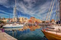 Boats and yachts parked in La Cala bay, old port in Palermo Royalty Free Stock Photo