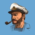 Boatswain with pipe. sea captain, marine old sailor or bluejacket, seaman with beard or men seafarer. travel by ship or