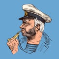 Boatswain with pipe. sea captain, marine old sailor or bluejacket, whistle and seaman with beard or men seafarer. travel Royalty Free Stock Photo