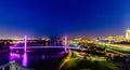 Night aerial view of Bob Kerrey pedestrian bridge over the Missouri River Omaha Nebraska USA.