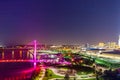 Aerial night photography of Omaha Plaza and Bob Kerrey foot bridge in Omaha Nebraska USA.