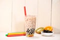 Boba / Bubble tea. Homemade Milk Tea with Pearls on wooden table Royalty Free Stock Photo