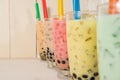 Boba / Bubble tea. Homemade Various Milk Tea with Pearls on wood